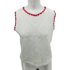 Vintage Nan Dorsey Pullover Sweater Vest Size M Eyelet Knit Crochet White Red